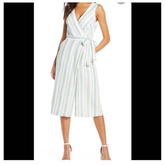 Adelyn Rae Pants - Adelyn Rae Behati Linen Crop Jumpsuit Size M White Blue